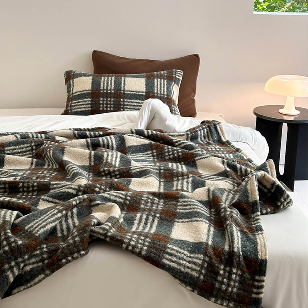 Refined Plaid Faux Lambswool Pom-Pom Home Throw Blanket