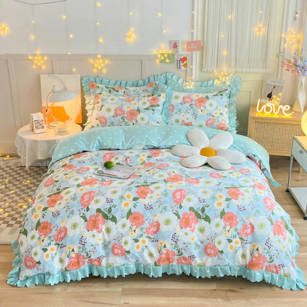 Vibrant Spring Floral Print Brushed Bed Sheet Set with Ruffled Bed Skirt