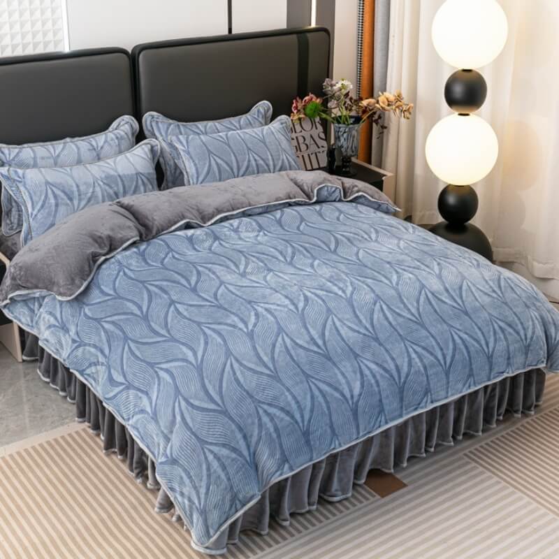 Modern Leaf Pattern Soft Milk Velvet Bed Sheet Set with Bed Skirt