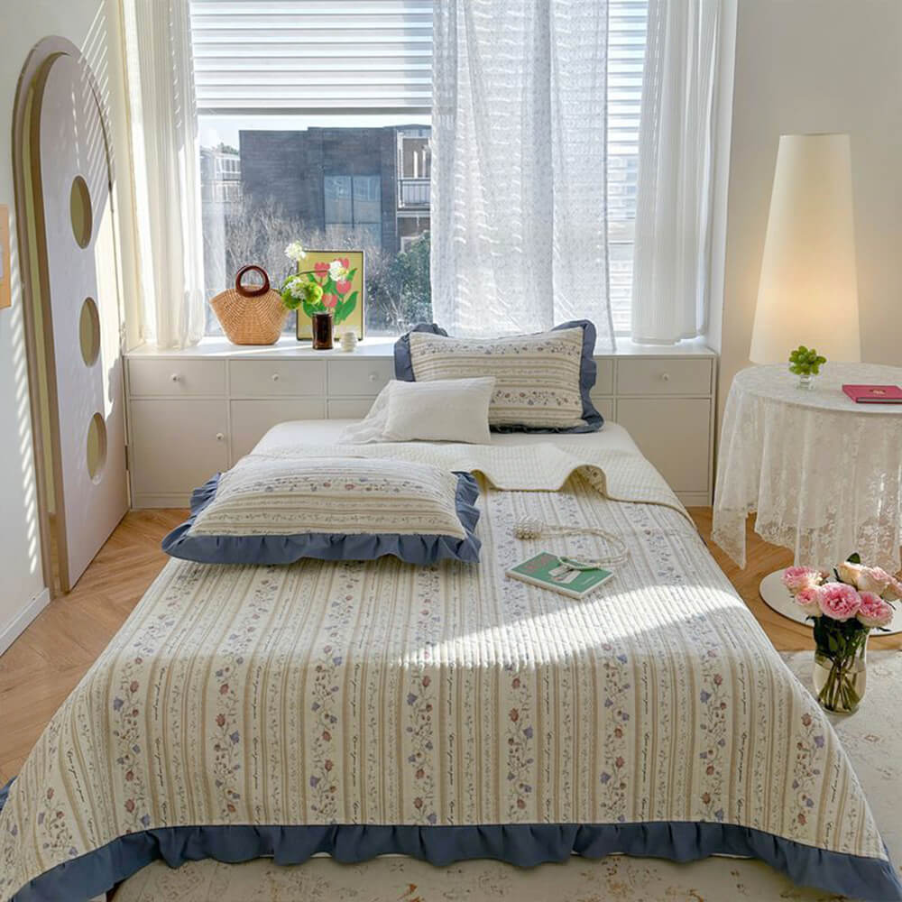 All-Season Fresh Floral Pattern Quilted Cotton Bedspread Set