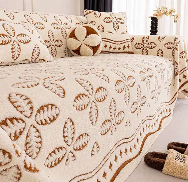 Thickened Jacquard Velvet Leaf Pattern Sofa Decoration Multi-Purpose Blanket Couch Cover