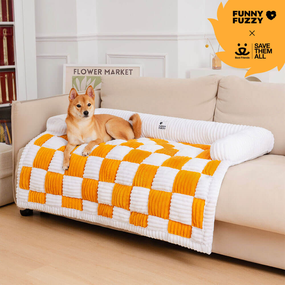 Cream Square Plaid Cozy Dog Mat Furniture Protector Cover