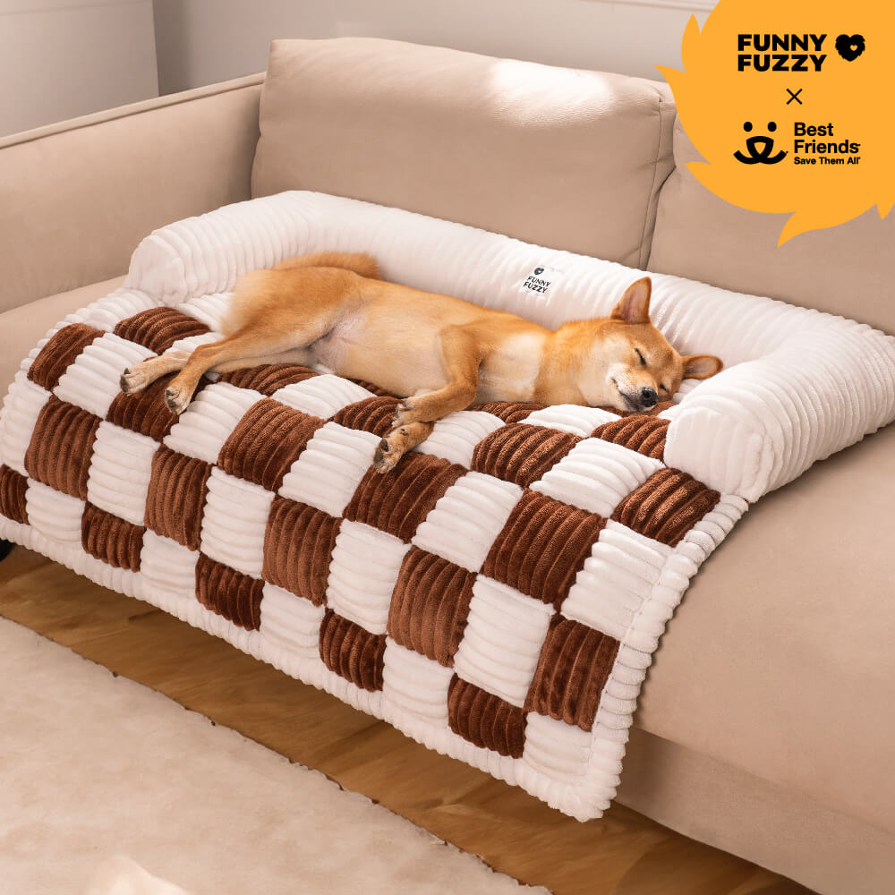 Cream Square Plaid Cozy Dog Mat Furniture Protector Cover