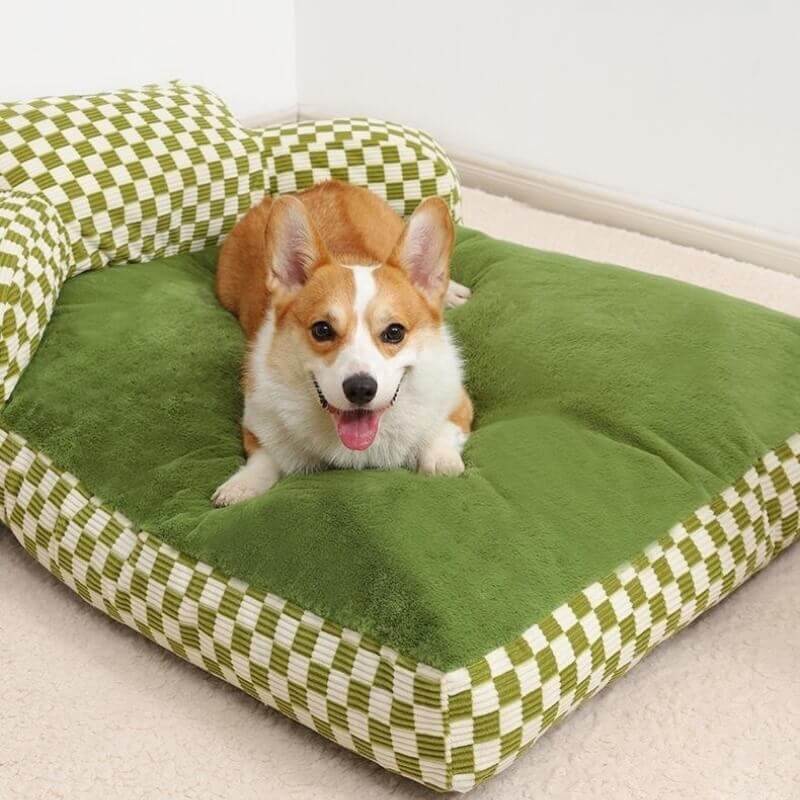 Full Backrest Pet Sofa Chequerboard Plush Dog & Cat Sofa Bed